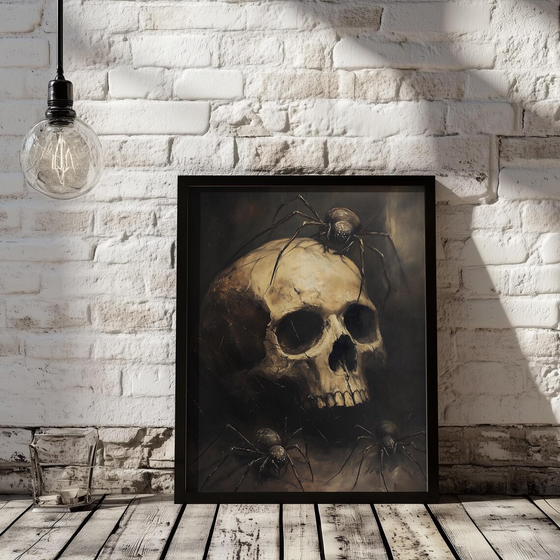 Vintage Skull with Spiders Dark Gothic Halloween Horror Art Poster - Image 2