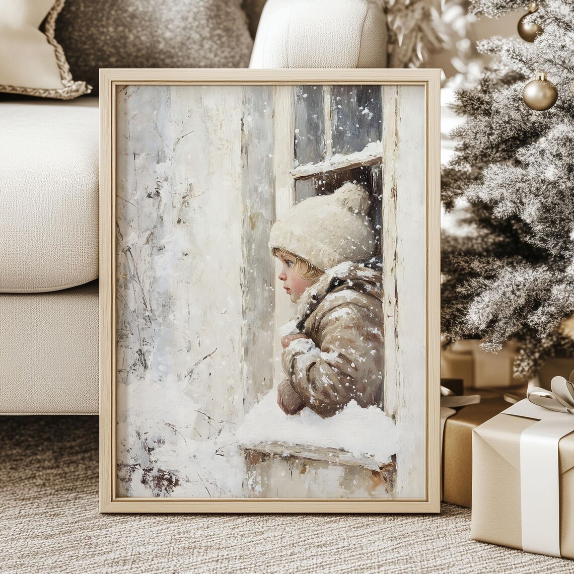 Little Child Watching Snowfall Through a Frosty Window Poster