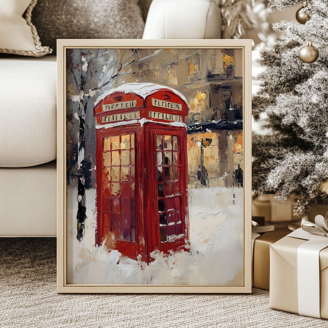 Snowy Red Telephone Box Vintage Winter City Street Oil Painting Poster