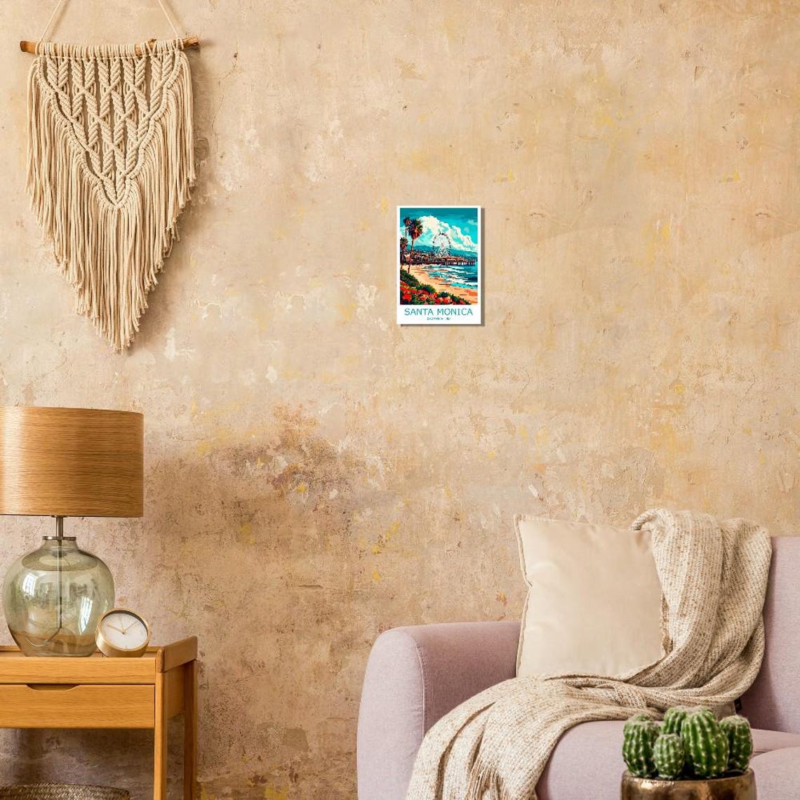 Santa Monica Pier Ferris Wheel Beach and Palms California Poster - Image 2