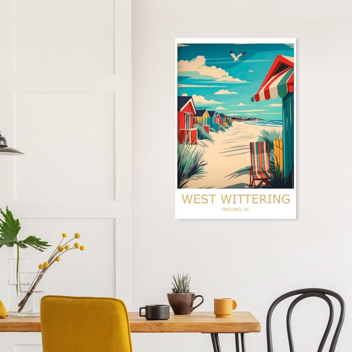 West Wittering Beach Huts Striped Deck Chair England Seaside Poster - Image 2