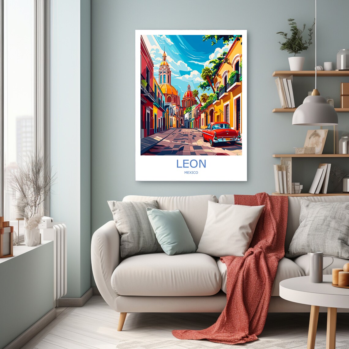 Leon Mexico Colonial Street Cathedral Classic Car Travel Poster - Image 2
