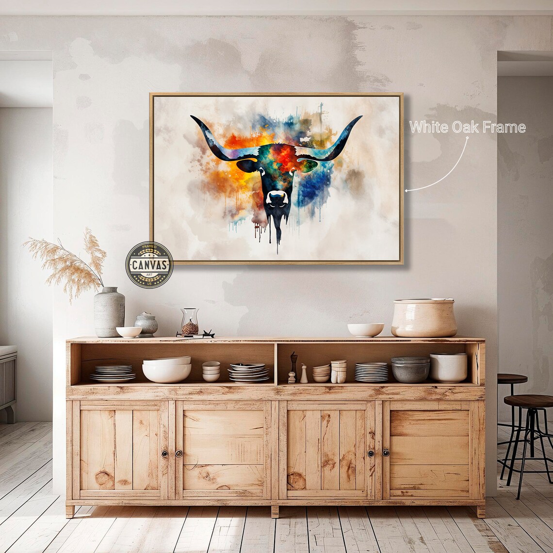 Longhorn Bull Head Colorful Abstract Watercolor Animal Wall Poster - Image 2