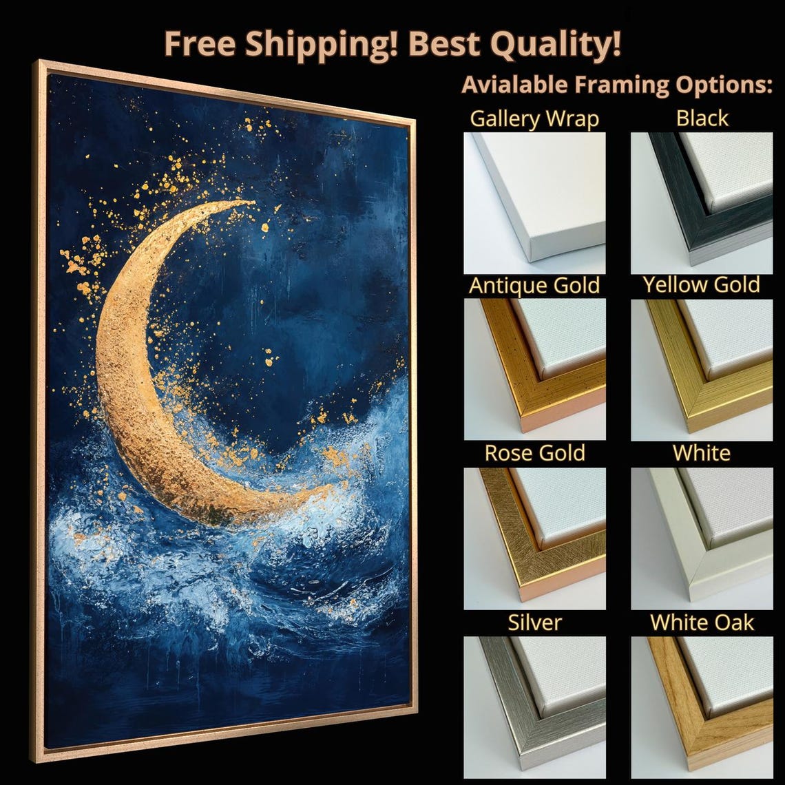 Dreamy Golden Crescent Moon Deep Blue Ocean Waves Night Art Print - Image 5
