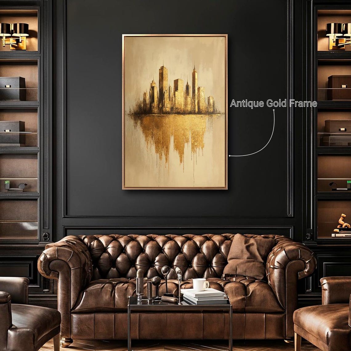 Golden Urban City Skyline Silhouette Reflection Modern Art Print - Image 4