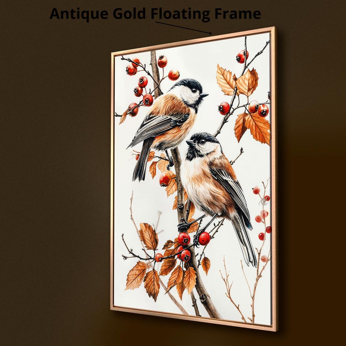 Two Black Capped Chickadees Red Berries Bird Wildlife Art Poster - Image 3