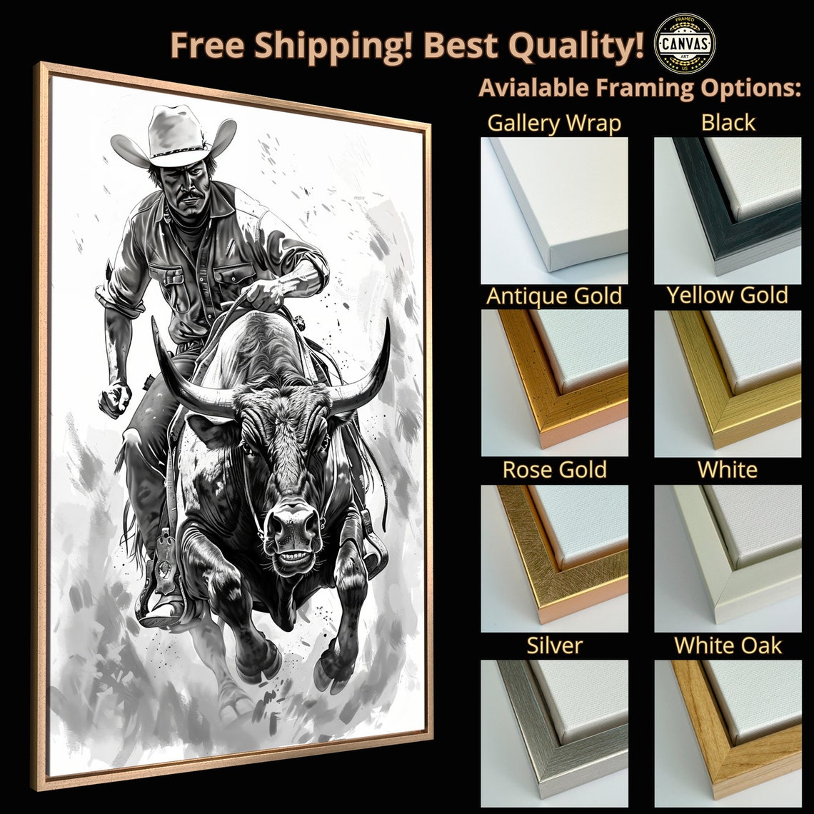 Bull Rider Rodeo Cowboy Black And White Western Sketch Art Poster - Image 5