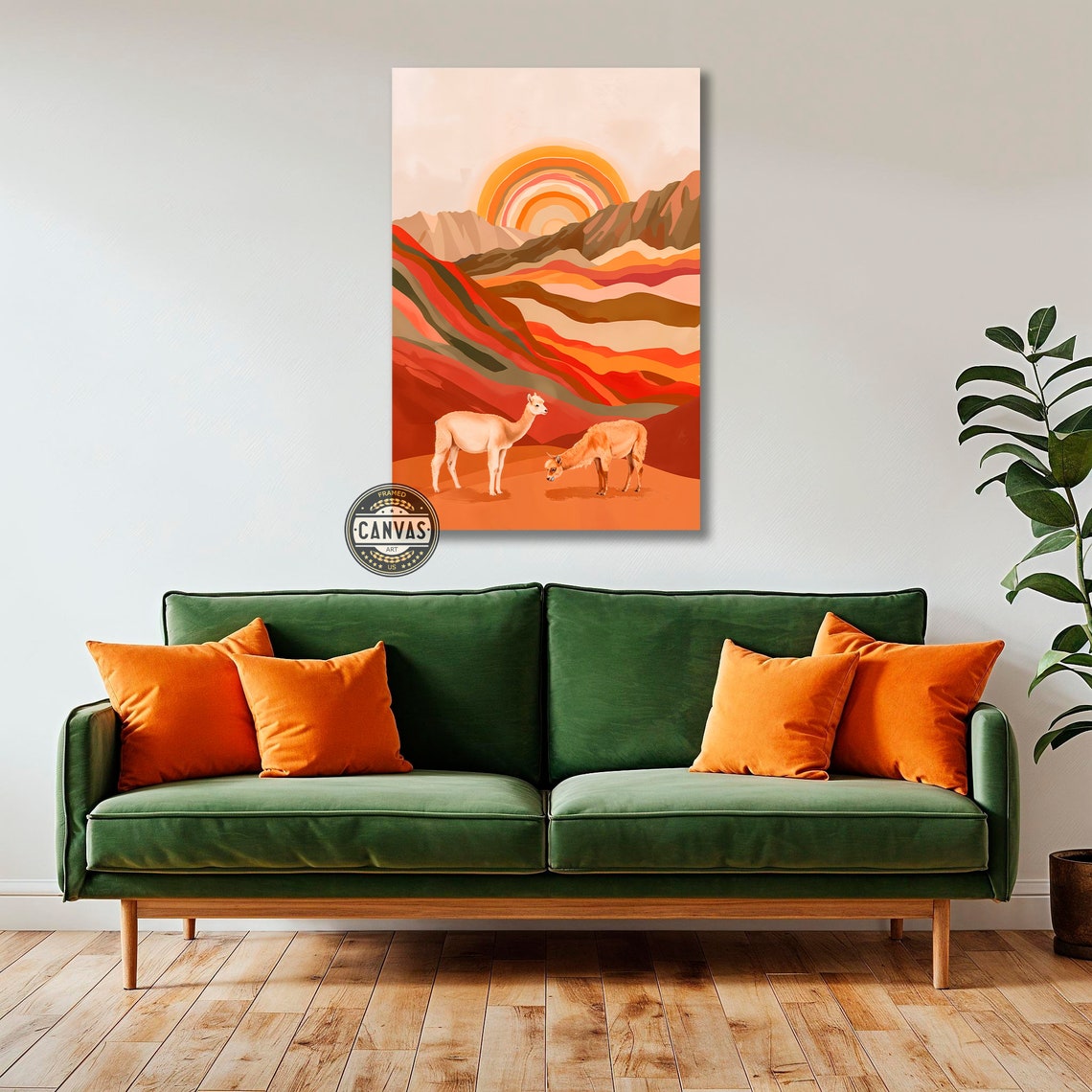 Llama Pair Red Desert Striped Sun Retro Mountain Landscape Art Poster - Image 4