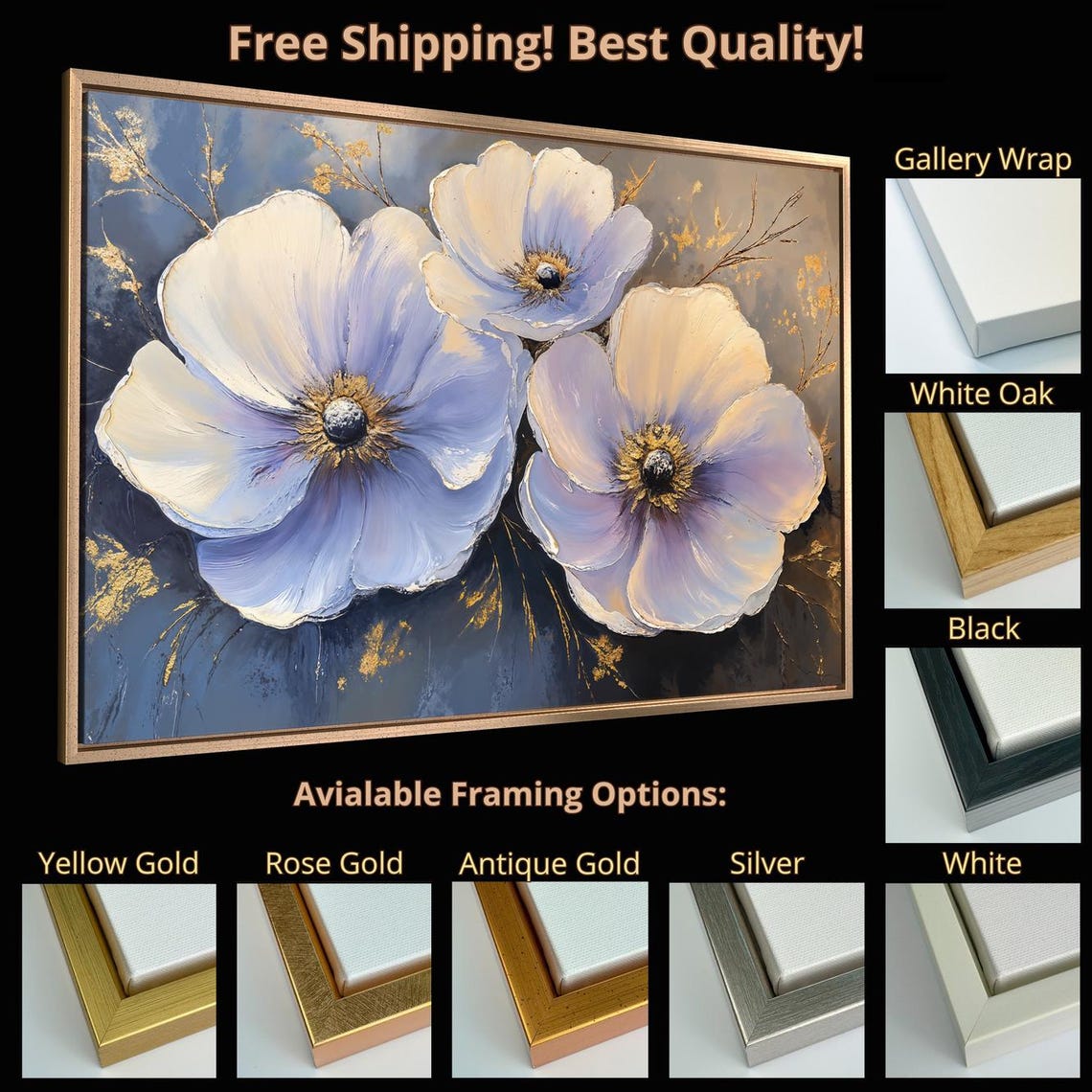 Delicate Trio White Blue Anemone Flowers Gold Centers Art Print - Image 5
