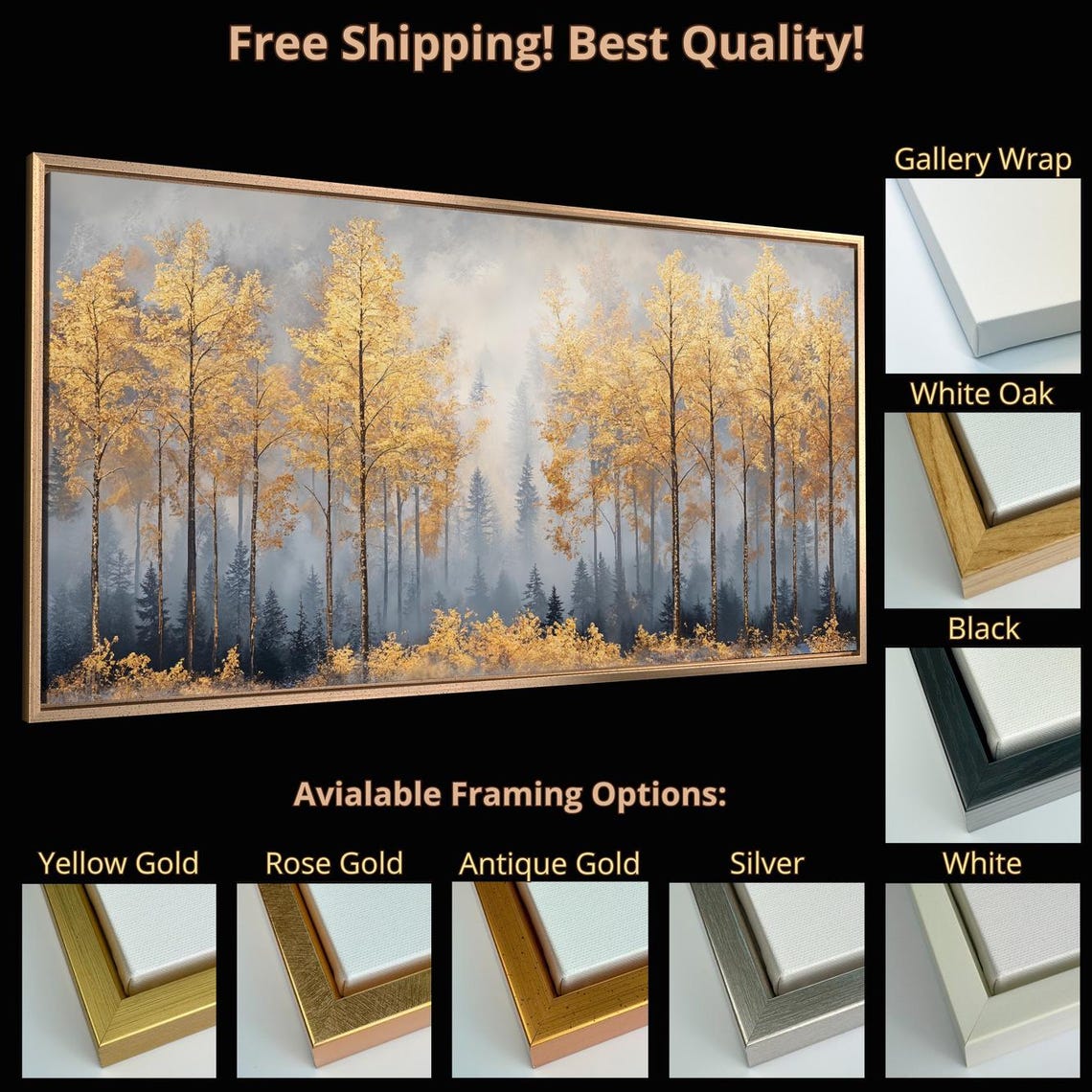 Golden Birch Forest In Night Mist Autumn Trees Landscape Wall Poster - Image 5