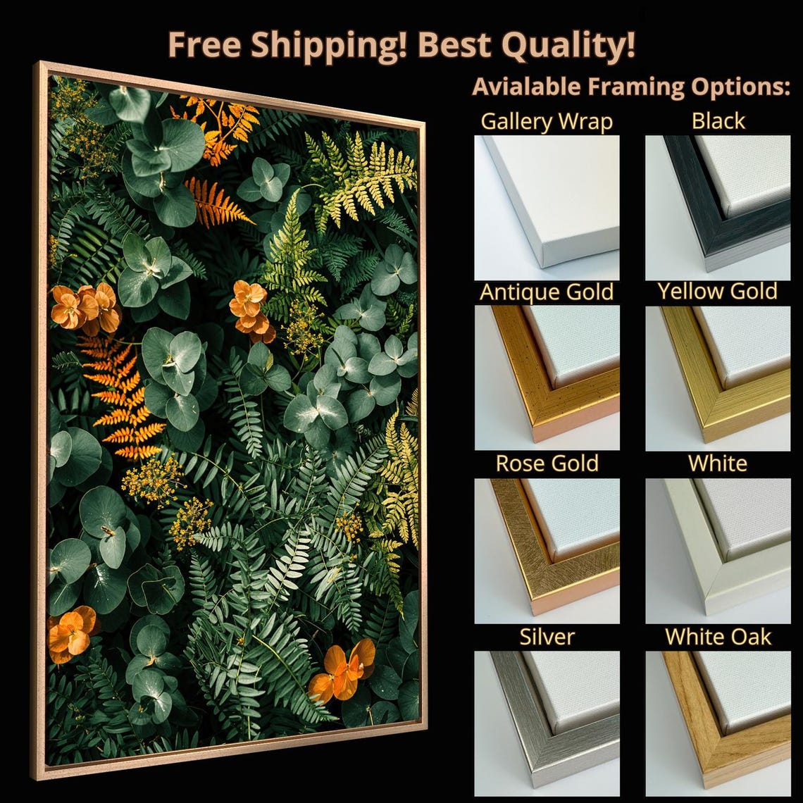 Vibrant Green Foliage Ferns Eucalyptus Orange Flowers Botanical Poster - Image 5