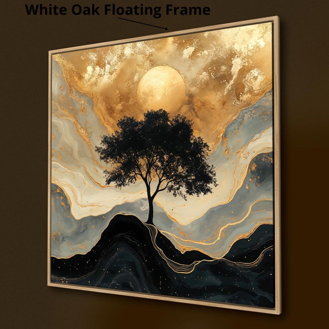 Black Tree Silhouette Golden Moon Surreal Marble Sky Wall Poster - Image 3