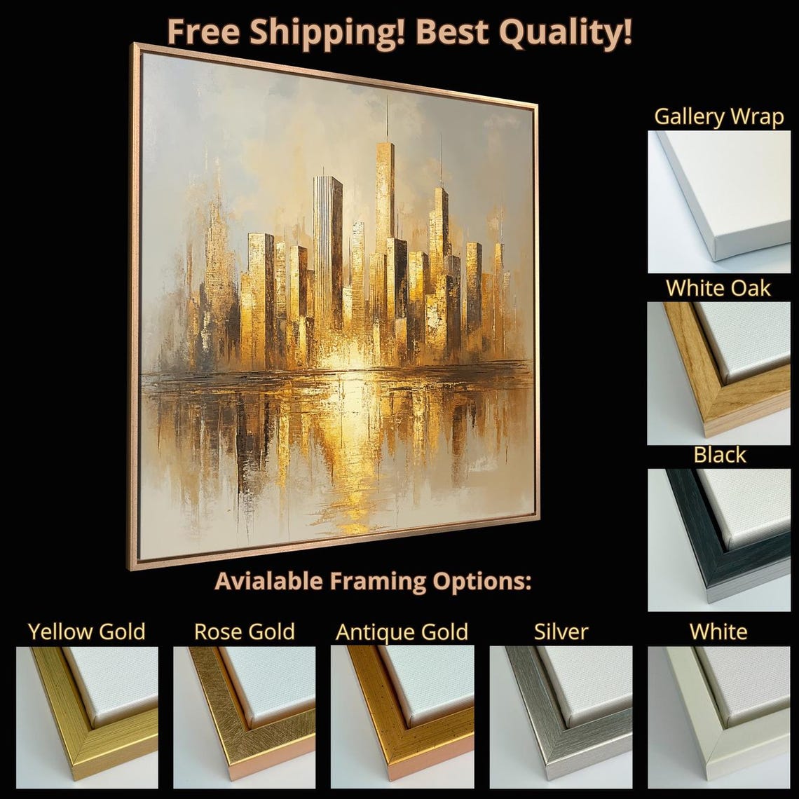 Glowing Golden City Skyline Tall Towers Water Reflection Art Print - Image 5