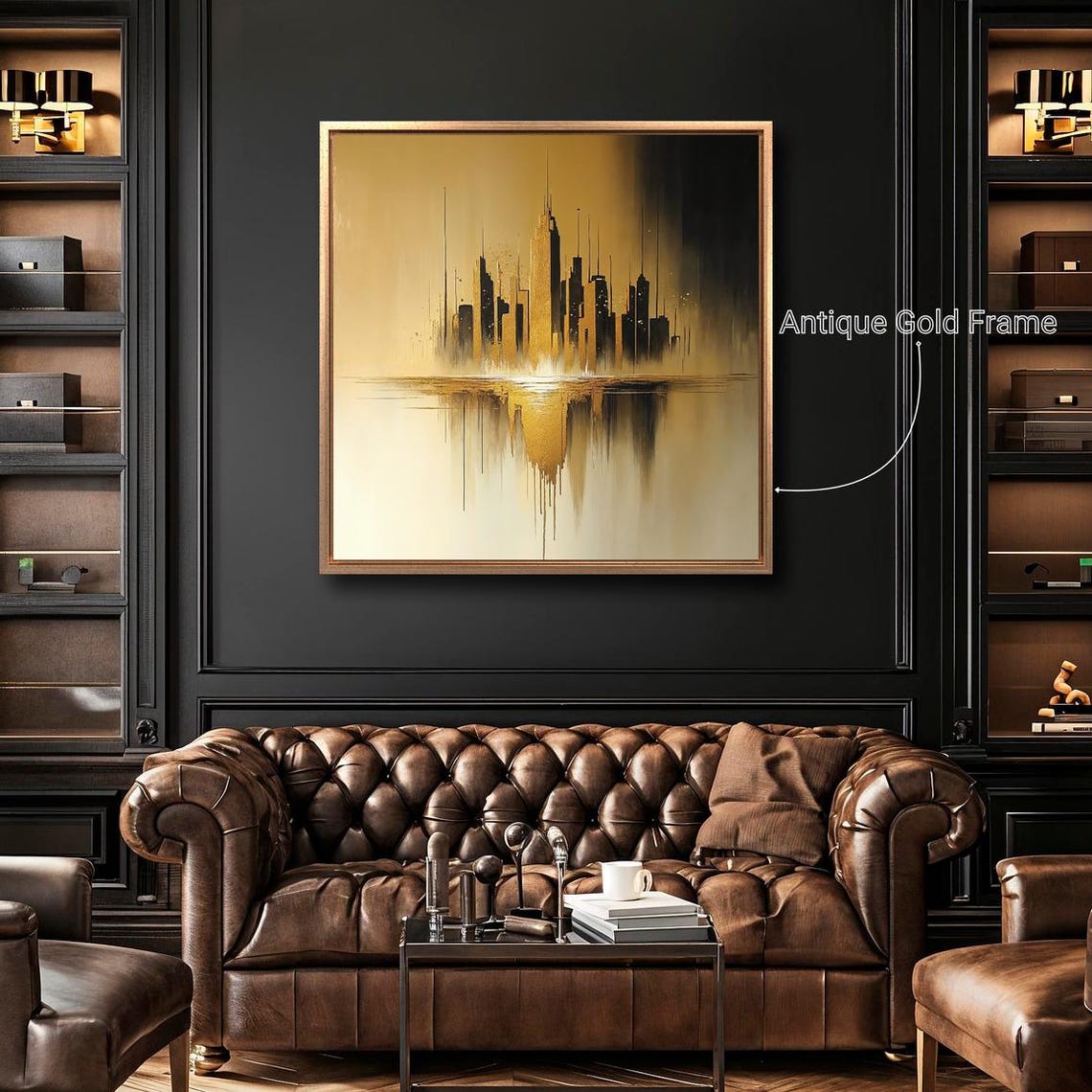 Gold Black Abstract City Skyline Silhouette Reflection Wall Art - Image 4