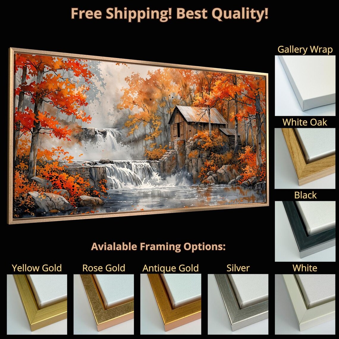 Rustic Cabin Waterfall Autumn Landscape Art Print - Image 5