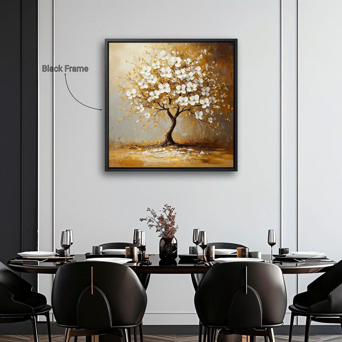 White Blossom Tree With Golden Leaves Square Abstract Wall Poster - Image 2