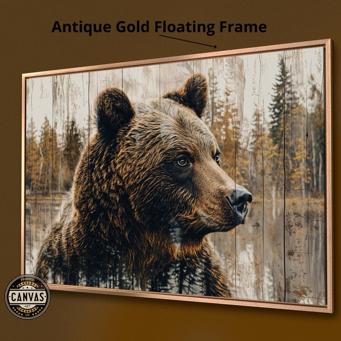 Bear Profile On Weathered Wood Forest Lake Rustic Wildlife Art Poster - Image 2