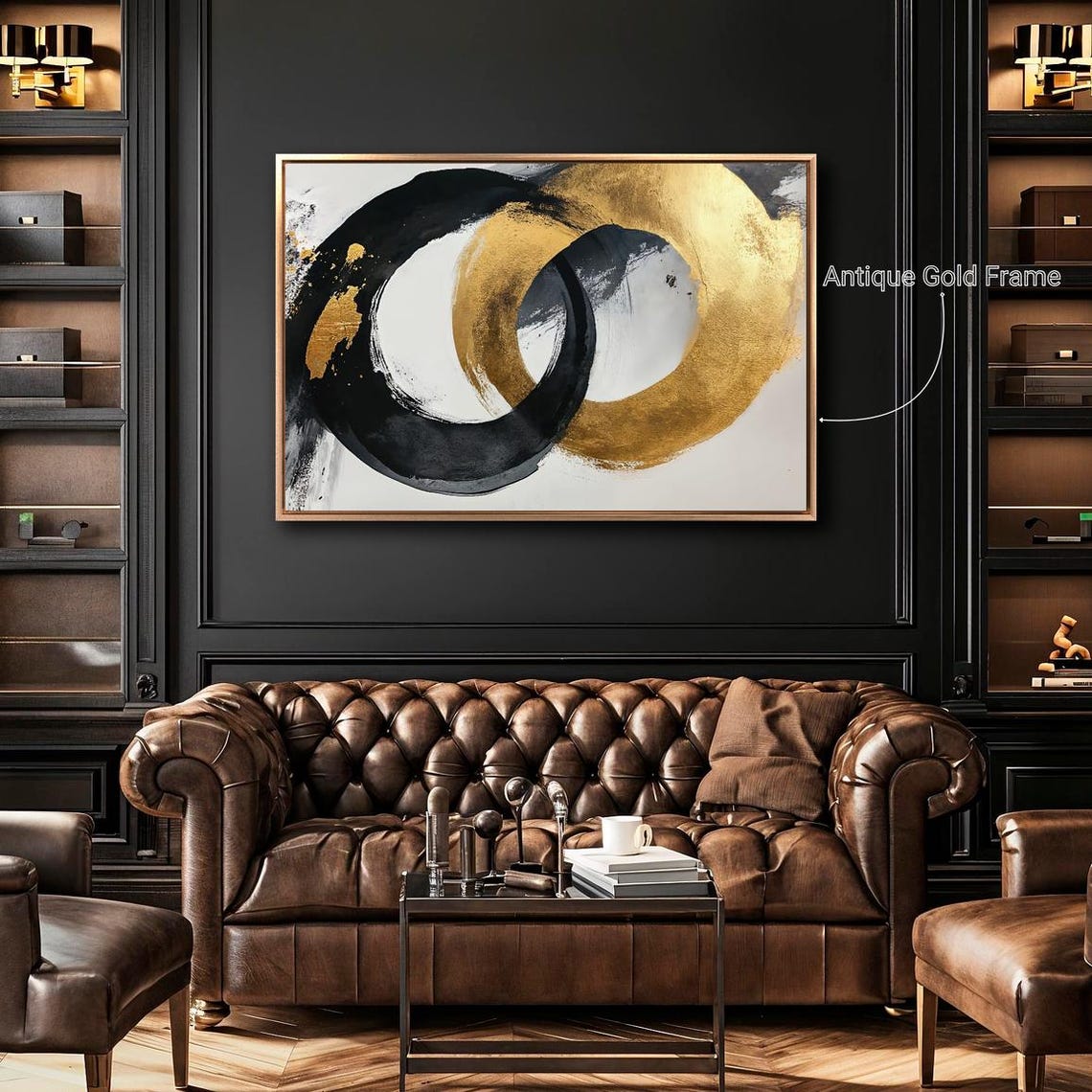 Black Gold Interlocking Circles Abstract Brushstroke Wall Art - Image 3