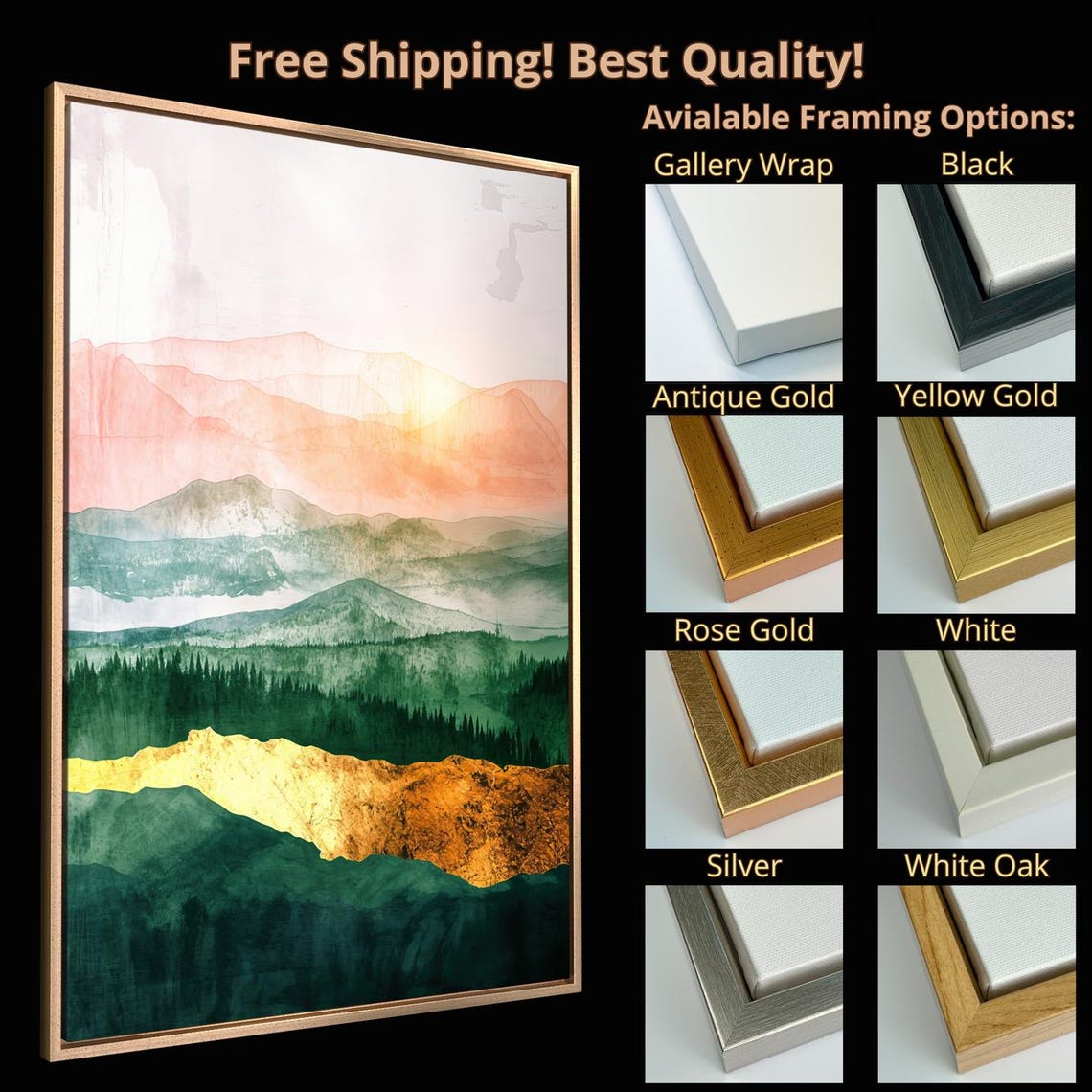 Misty Mountain Forest Layers Orange Green Gold Watercolor Poster - Image 5