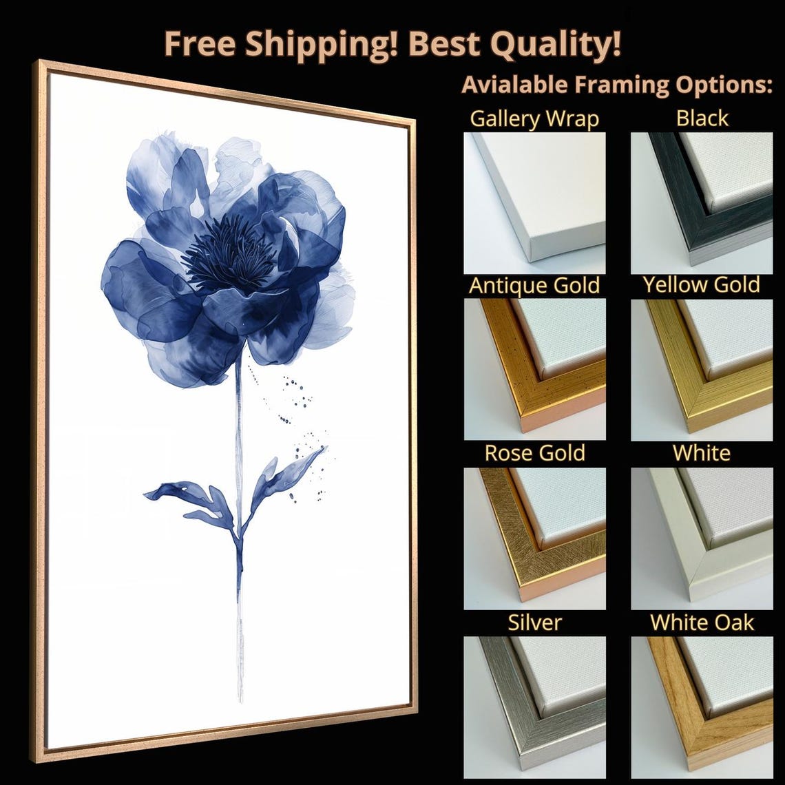 Elegant Navy Blue Peony Watercolor Single Bloom Botanical Poster - Image 4