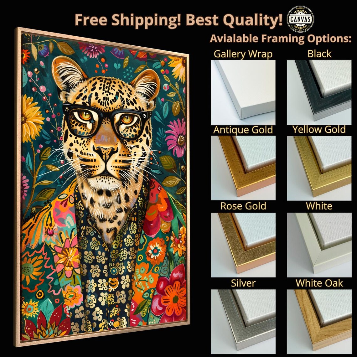Floral Leopard Vibrant Animal Portrait Art Print - Image 4