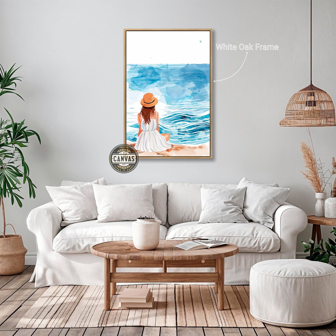 Woman In White Dress Straw Hat Beach Blue Ocean Watercolor Art Poster - Image 3