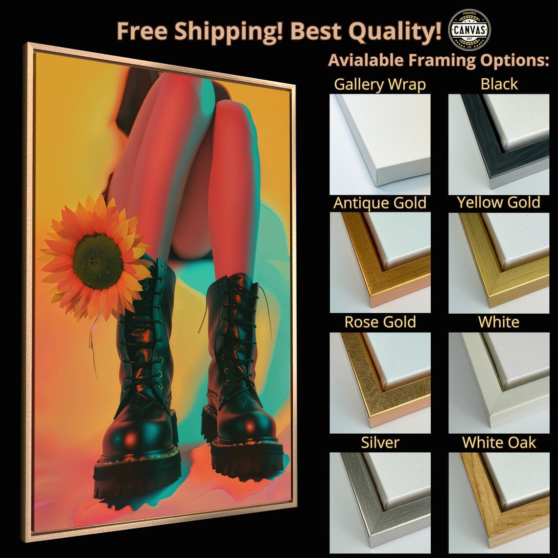 Sunflower And Black Boots Neon Orange Fashion Photography Art Poster - Image 4