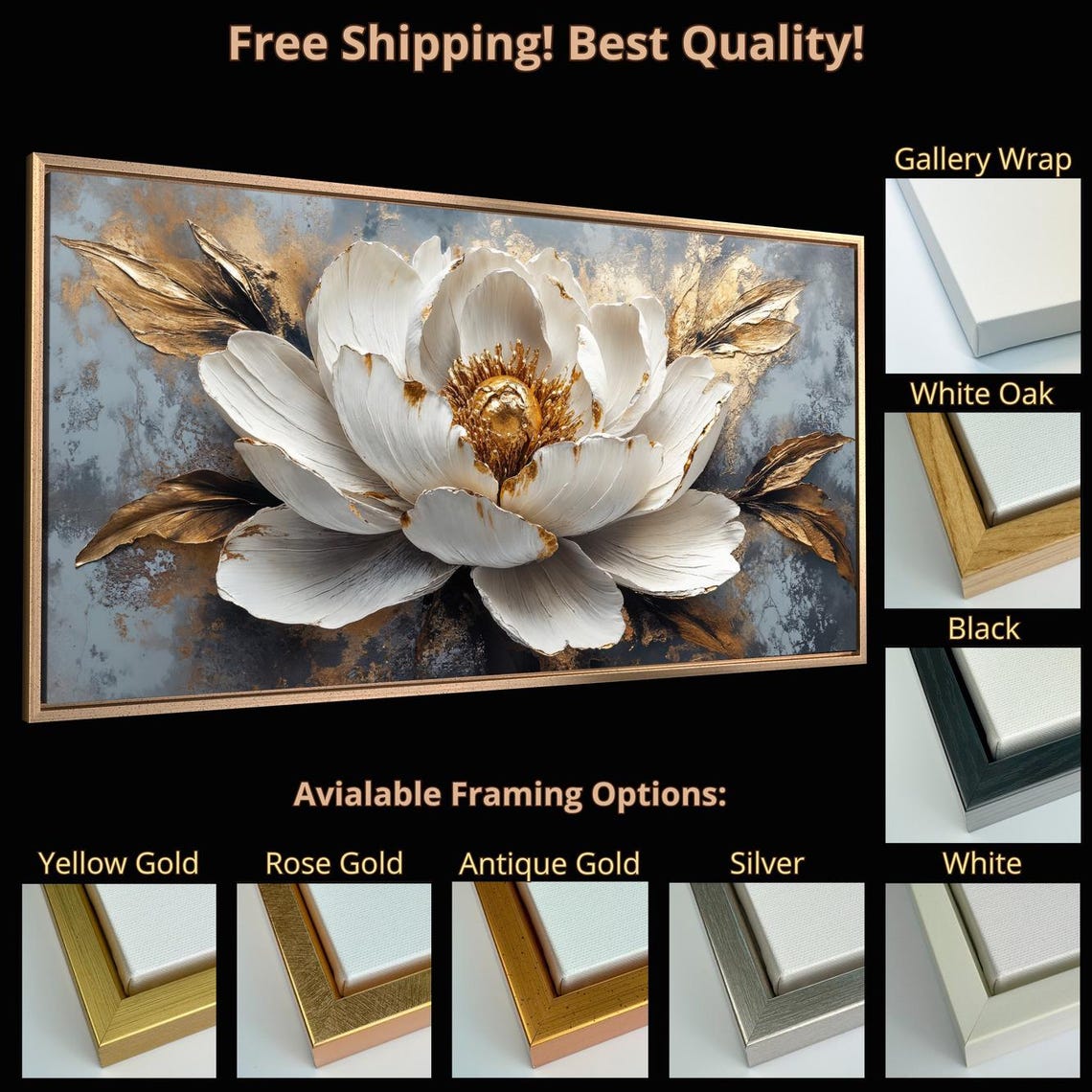 Large White Bloom Gold Center Textured Gray Luxury Art Print - Image 5