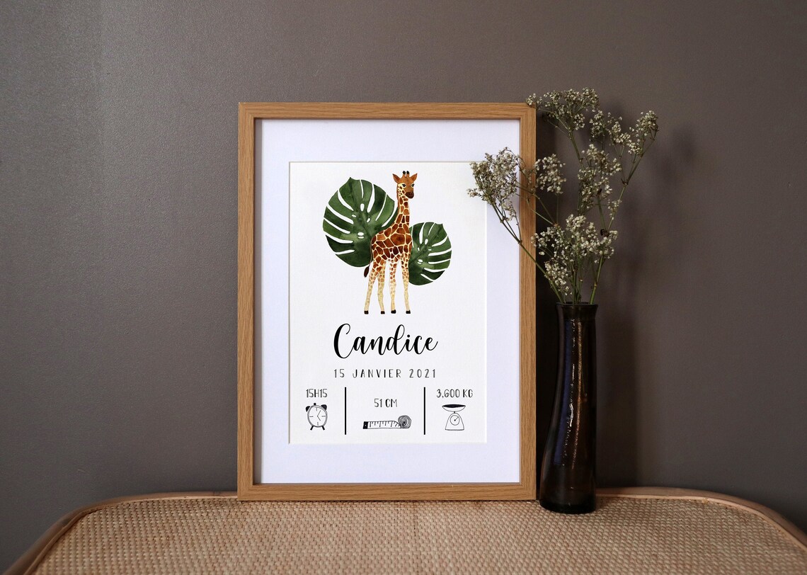 Personalized Giraffe Watercolor Birth Art Print