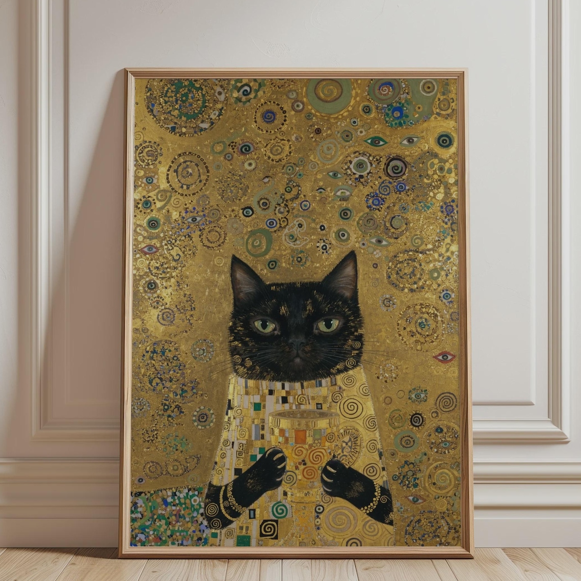 Klimt Inspired Black Cat Poster, Whimsical Animal Decor