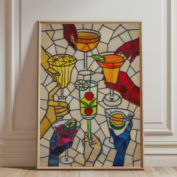 Faux Stained Glass Cocktail Cheers Retro Bar Party Wall Poster