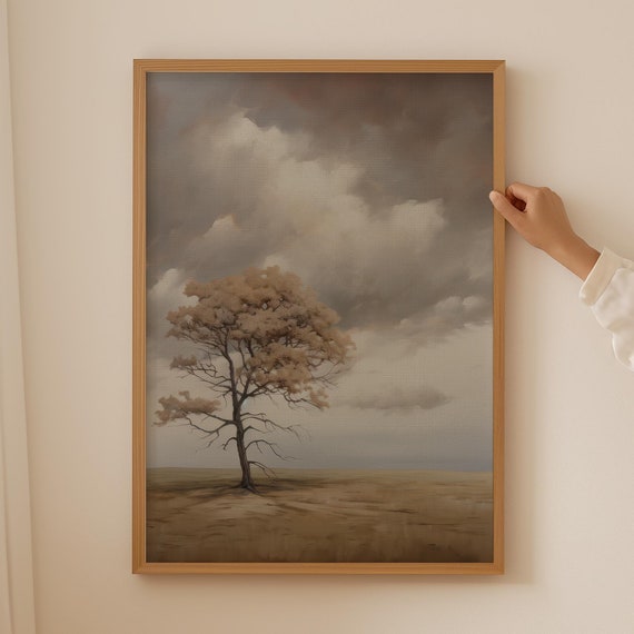 Moody Landscape Art Print Cloudy Sky Painting Mutes Landscape Art Warm Tone Rustic Wall Art Neutral Cottagecore Decor