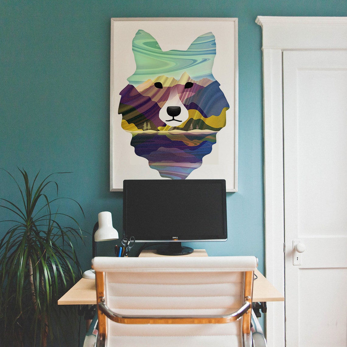 Wolf Head Double Exposure Colorful Mountain Landscape Art Poster - Image 4