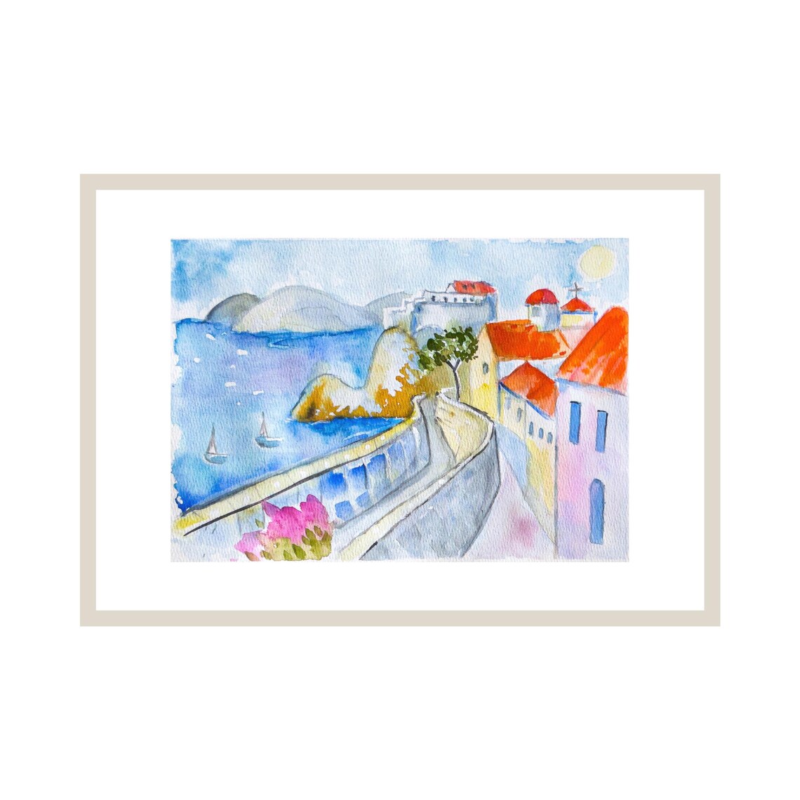 Dubrovnik Old Town Stone Walls Adriatic Coast Watercolor Travel Poster