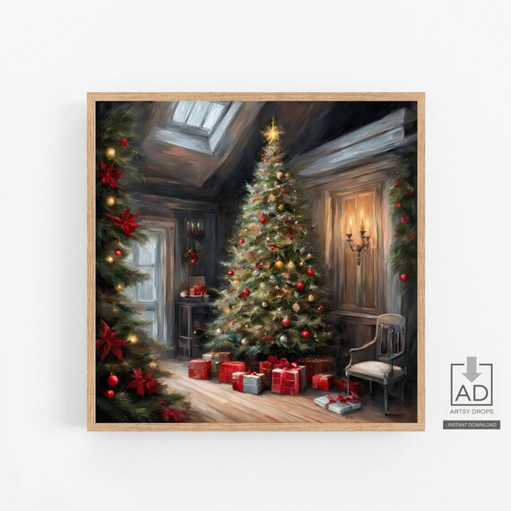 Cozy Rustic Christmas Tree Gifts Warm Interior Scene Holiday Poster
