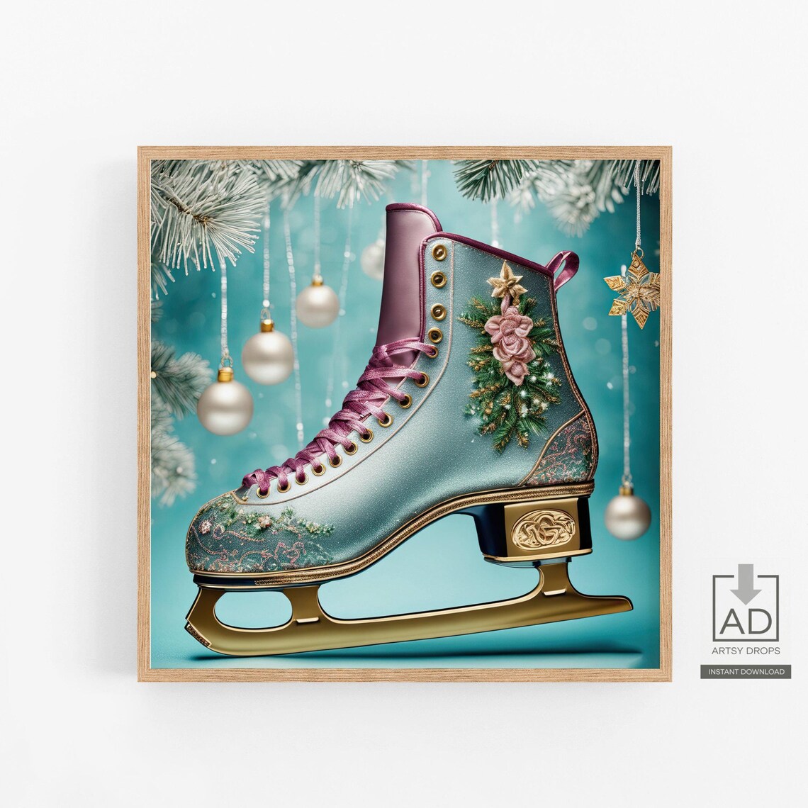 Elegant Christmas Ice Skate Winter Floral Ornament Dreamy Poster