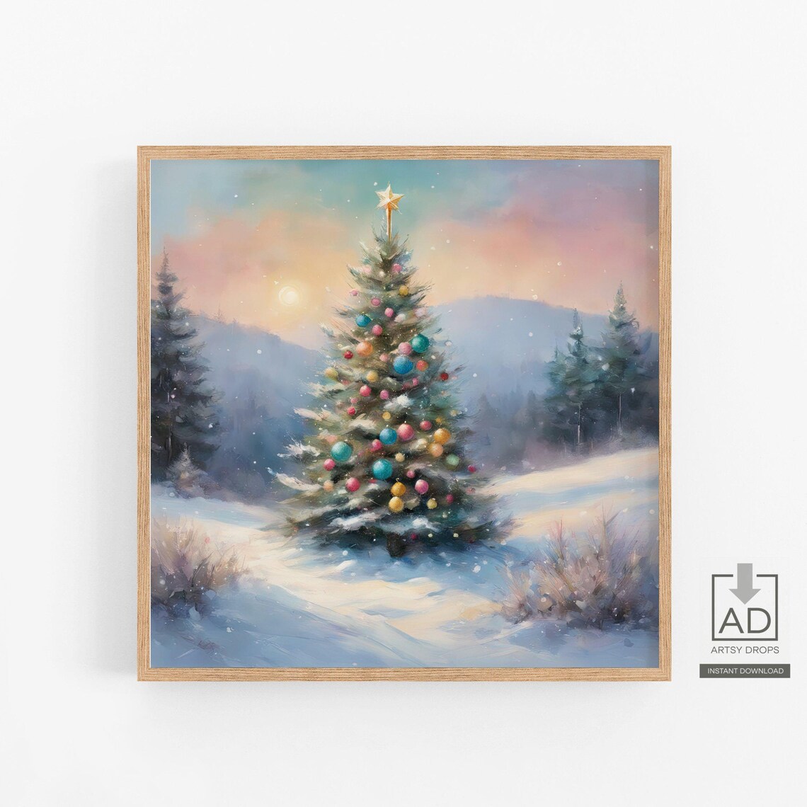 Pastel Christmas Tree Snowy Sunset Landscape Holiday Art Poster