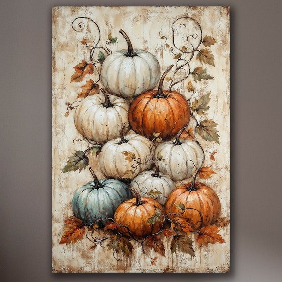 Rustic Stacked Pumpkins Autumn Harvest Still Life Wall Art Decor