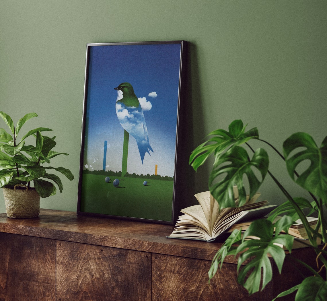 Surreal Cloud Bird Perched Green Field Minimal Dreamscape Poster - Image 4