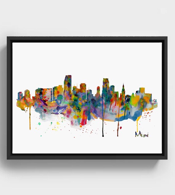 Miami Skyline Watercolor Vibrant Florida Cityscape Wall Art Instant