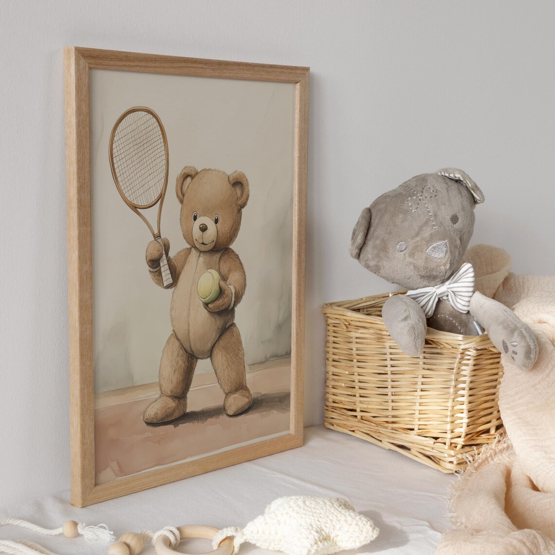 Teddy Bear Tennis Player With Vintage Wooden Racket and Ball Poster - Image 3