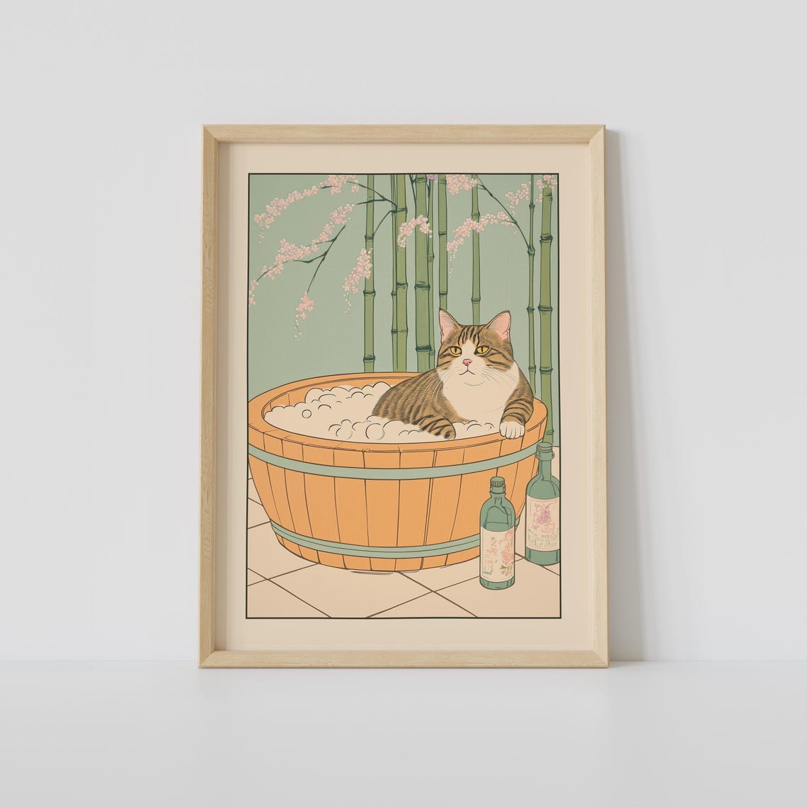 Tabby Cat in a Wooden Barrel Bubble Bath with Bamboo Stalks Poster
