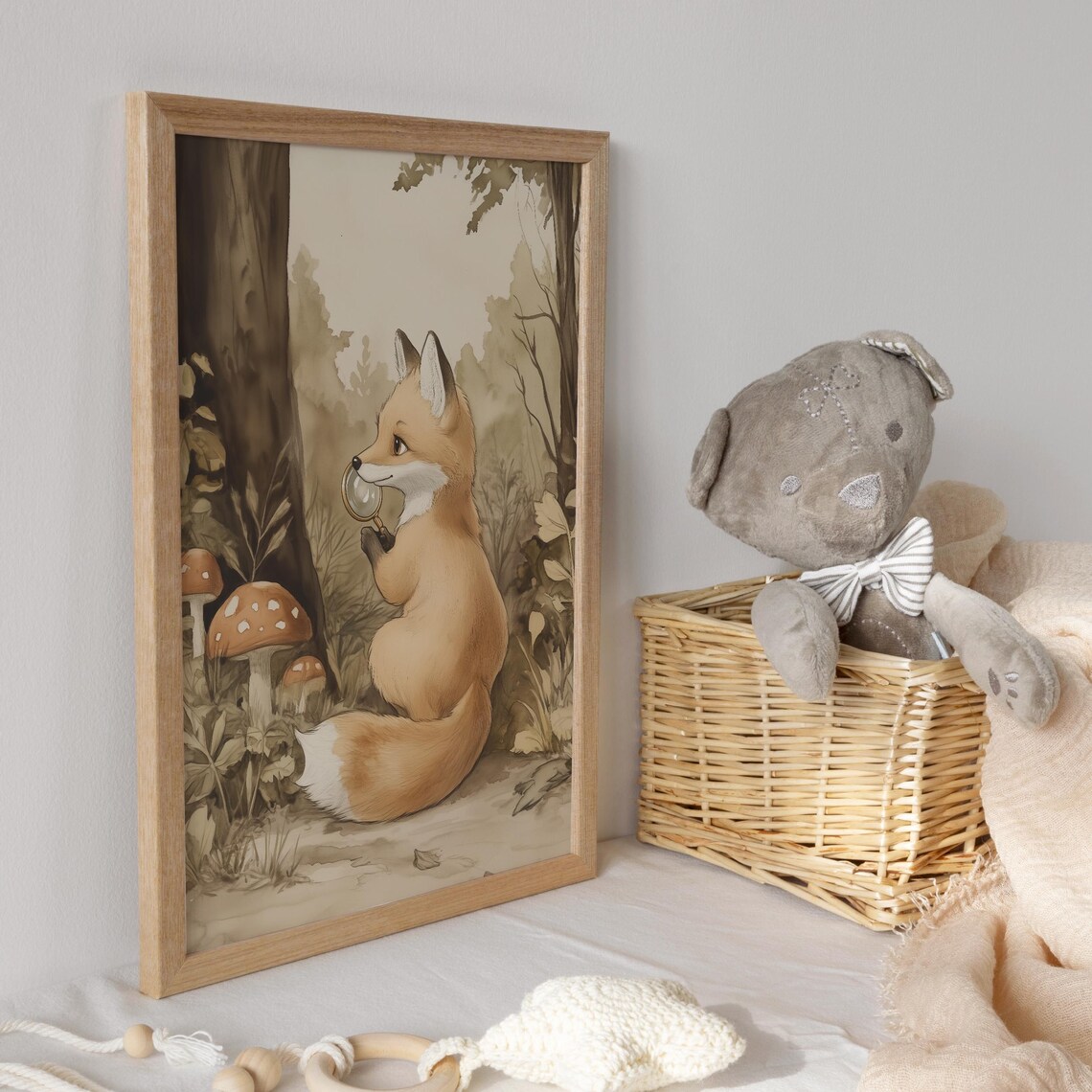 Fox Detective with a Magnifying Glass in a Mushroom Forest Poster - Image 3