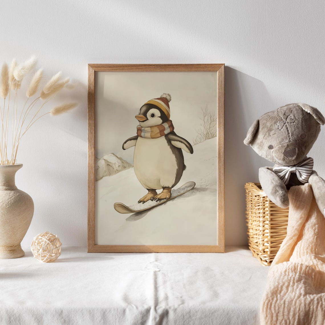 Penguin Snowboarding in a Knit Hat on a Snowy Mountain Poster - Image 2