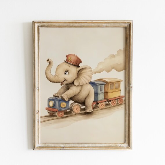 Baby Elephant Conductor Riding a Colorful Toy Train Funny Poster