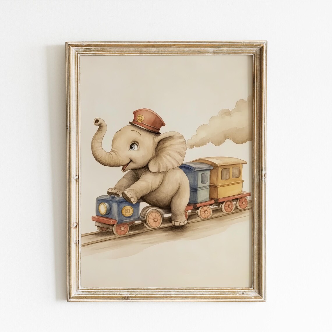 Baby Elephant Conductor Riding a Colorful Toy Train Funny Poster