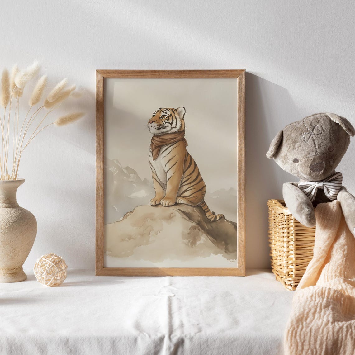 Tiger Cub Wearing Scarf Sitting on Rocky Peak Above Mist Poster - Image 2
