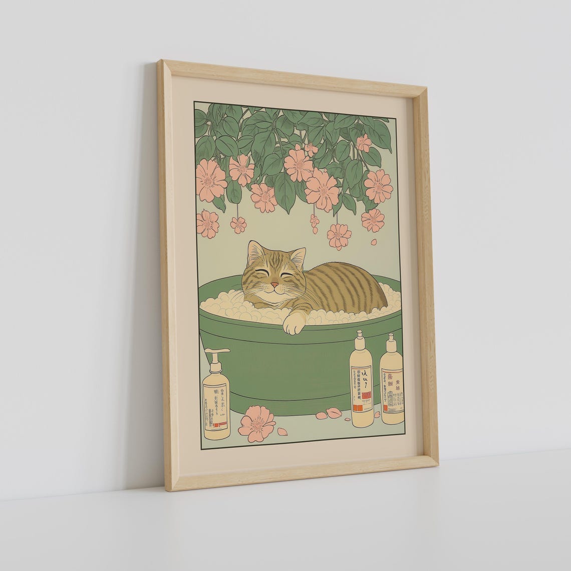 Happy Tabby Cat Eyes Closed in Green Bubble Bath Blossom Poster - Image 2