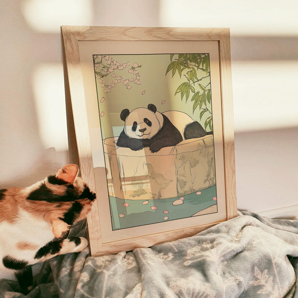 Giant Panda Lounging by Stone Pool Under Cherry Blossoms Poster - Image 3