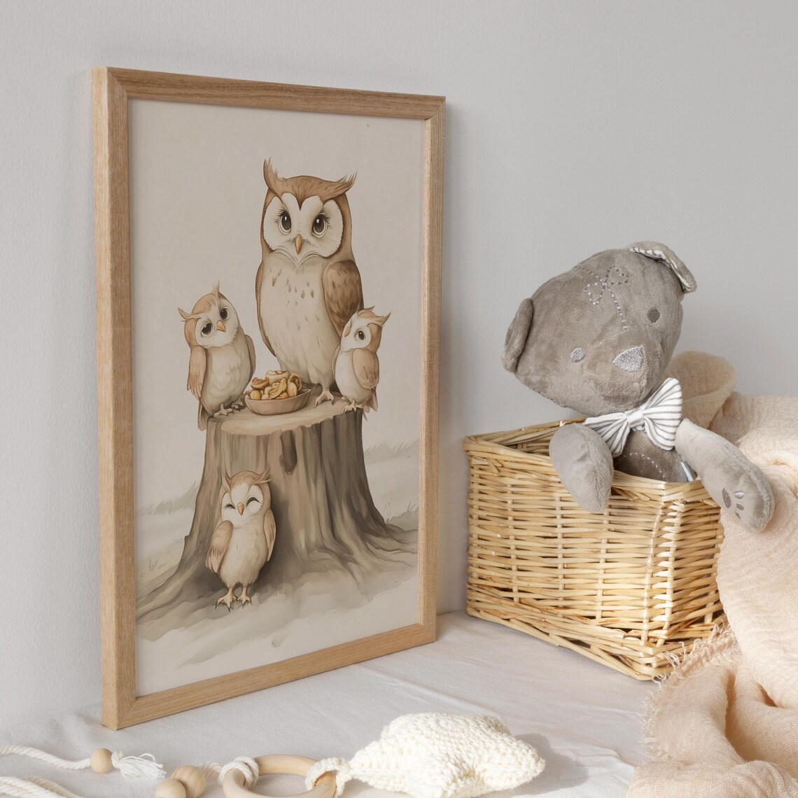Owl Family Sharing Snacks Together on a Tree Stump Nursery Poster - Image 3
